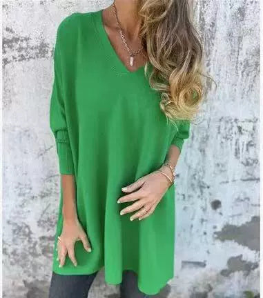 Long Sleeve Knitted V-neck Loose Long Shirt Women
