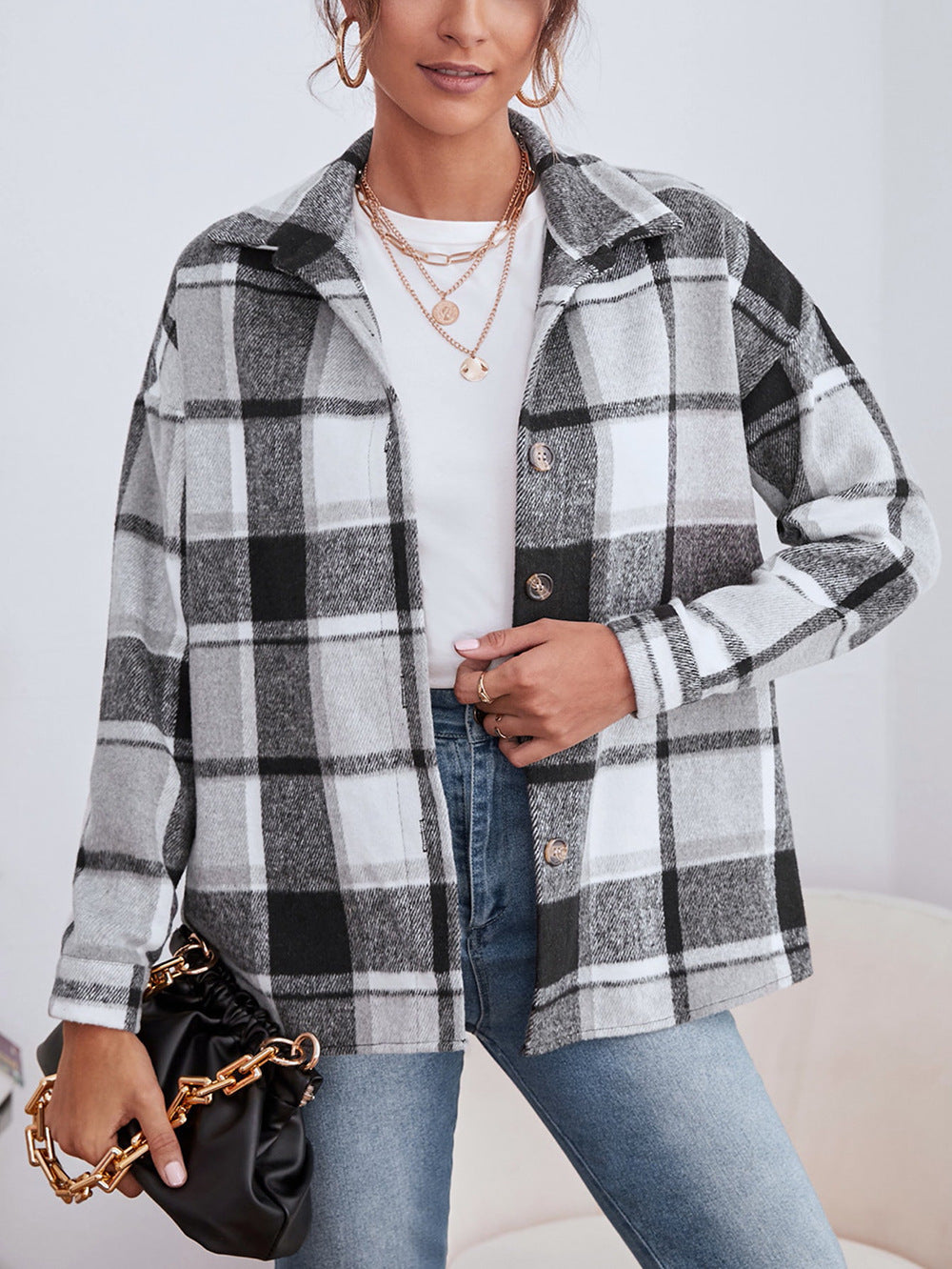 Lapel Single Breasted Cardigan Plaid Woolen Temperament Commute