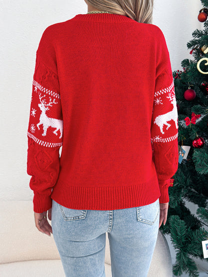Deer Pattern Lantern Sleeve Pullover Sweater