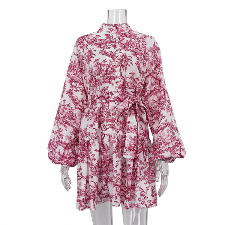 Mini robe plissée à lacets pour femmes, col montant, manches bouffantes, mode féminine élégante,