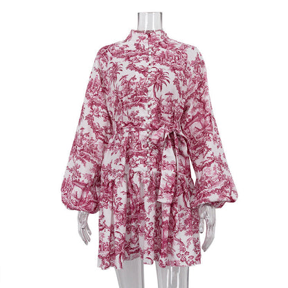 Mini robe plissée à lacets pour femmes, col montant, manches bouffantes, mode féminine élégante,