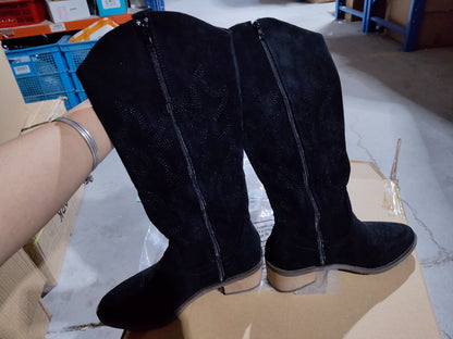 Women's Retro Pointed Toe Chunky Heel Solid Color Side Zipper Mid-calf Cowboy Boot