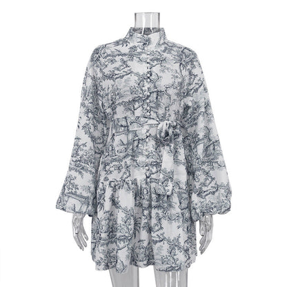 Mini robe plissée à lacets pour femmes, col montant, manches bouffantes, mode féminine élégante,