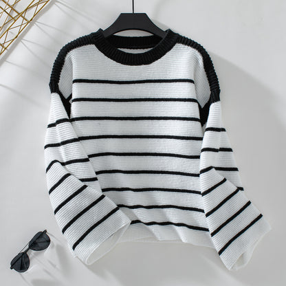 Women's Black And White Striped Pullover Long-sleeved Knitted Sweater