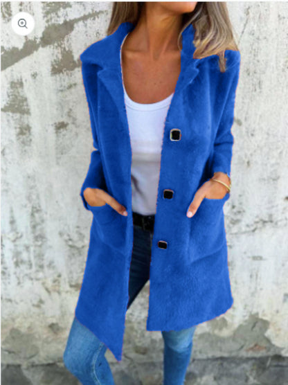 Single-breasted Polo Collar Pocket Mid-length Coat