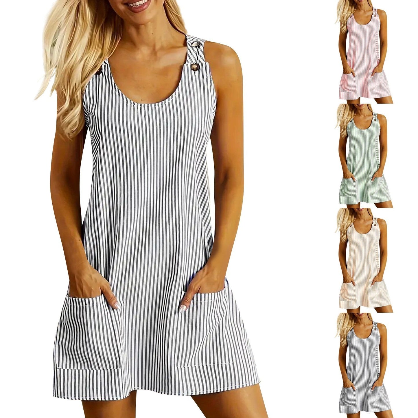 Robe d'Été Femme Chic 2025, Rayée, Sans Manches, Coupe Droite & Poches Pratiques
