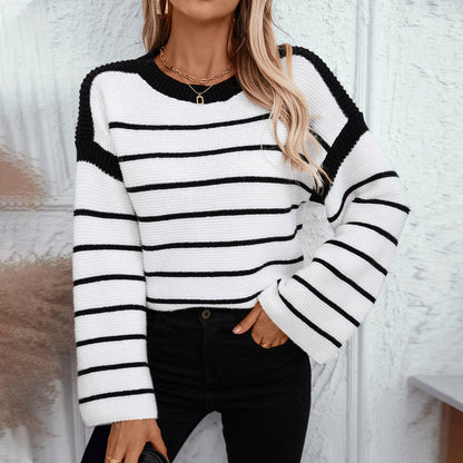 Women's Black And White Striped Pullover Long-sleeved Knitted Sweater