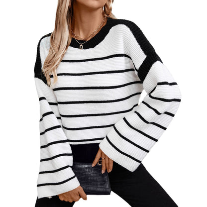 Women's Black And White Striped Pullover Long-sleeved Knitted Sweater