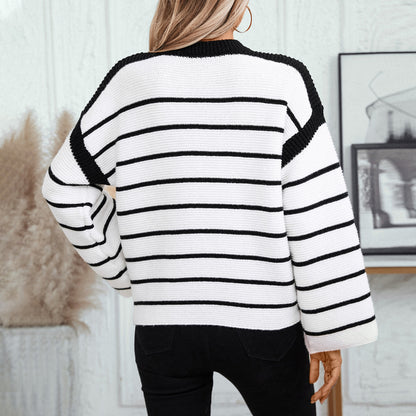 Women's Black And White Striped Pullover Long-sleeved Knitted Sweater
