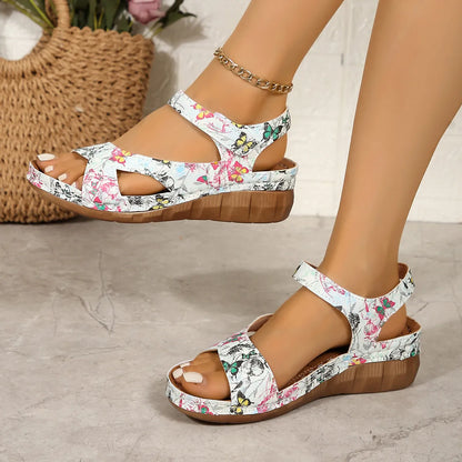 Sandales à plateforme velcro à fleurs pour femmes